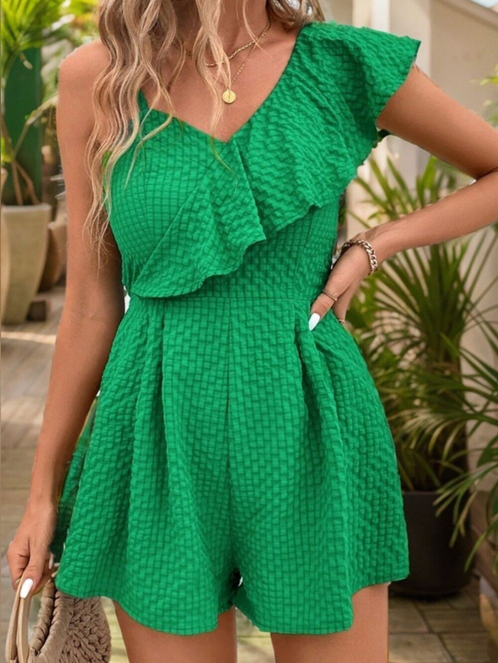 Smocked Back Asymmetrical One-Shoulder Ruffled Green Romper Sz Small